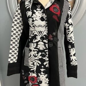 31- Women's Black and White Patterned Coat with Red Accents